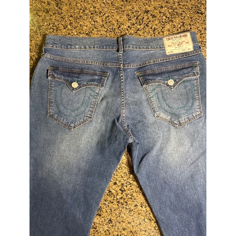 True Religion Rocco Relaxed Skinny Jeans Mens 38 Medium Wash Teal Stitching